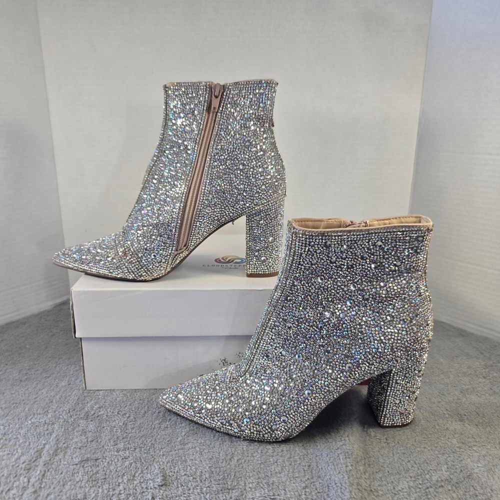 Betsey Johnson SB-Cady Rhinestone Ankle Boots Silver Pointed Toe Block Heel 6.5M